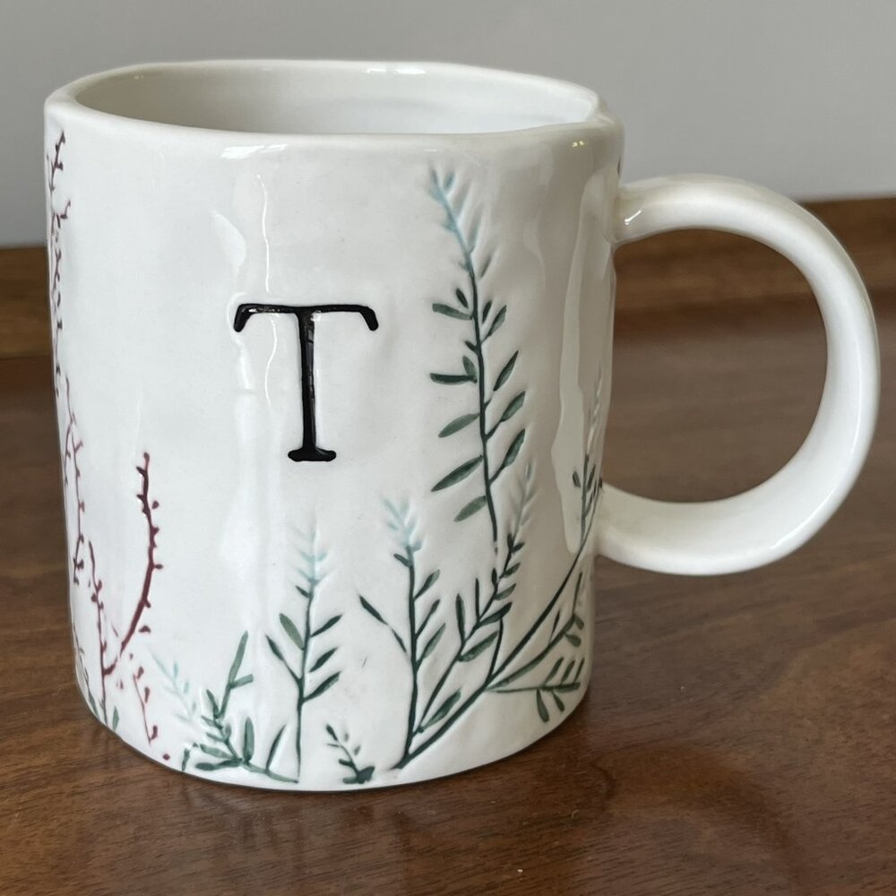 Anthropologie Dagny Monogram Mug Letter "T" | Stoneware, Floral, Hand-Painted